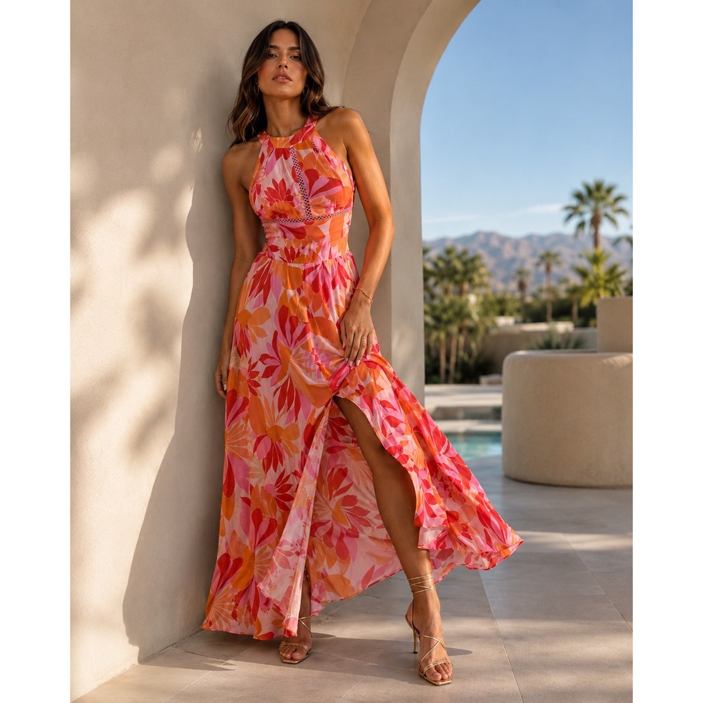 Floral Halter Maxi Dress in Pink & Orange